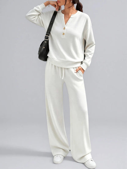 Women's Matching Lounge Set Henley Top Wide Leg Pants