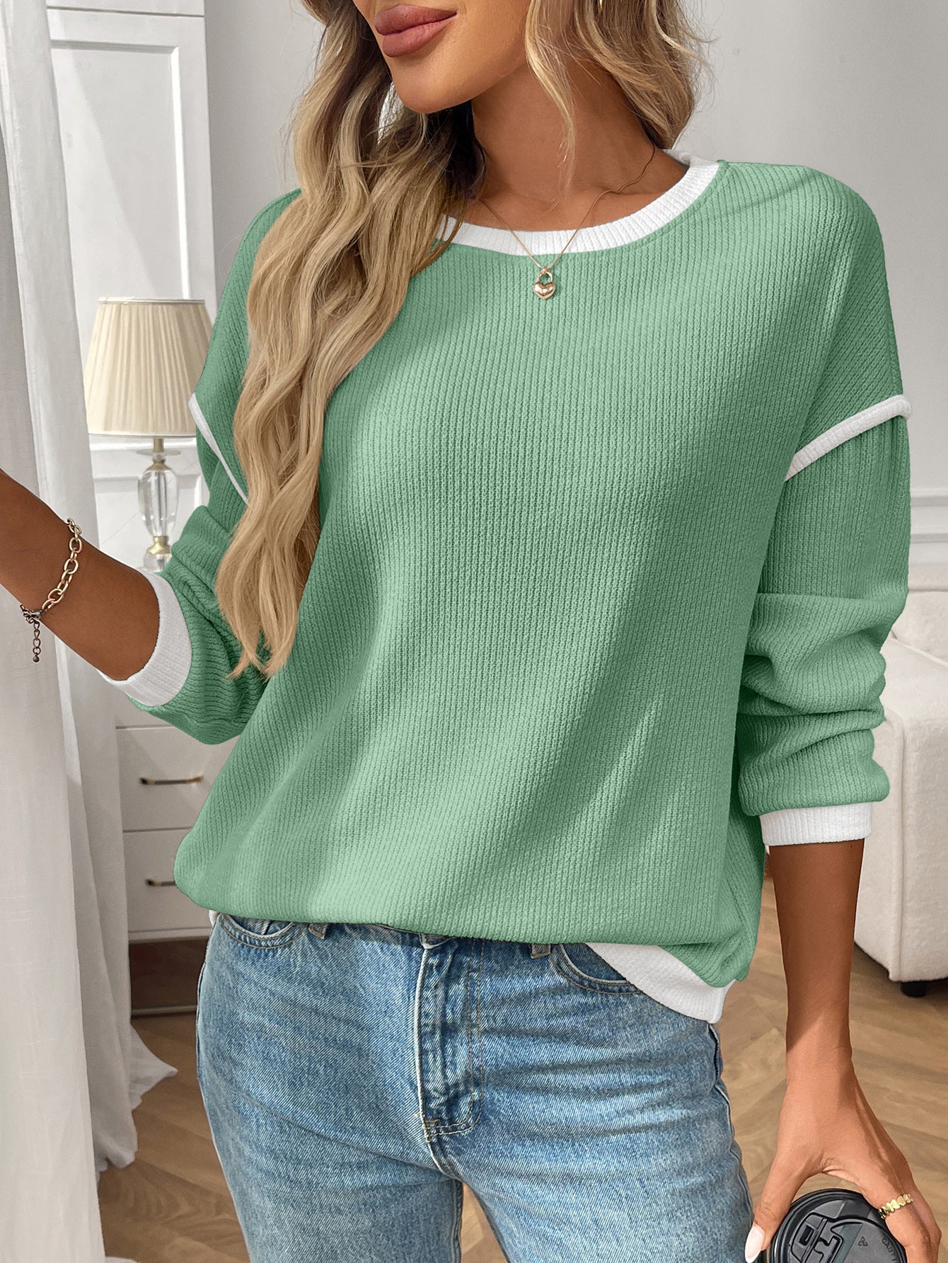 Green Contrast Trim Waffle Knit Long Sleeve Pullover Top