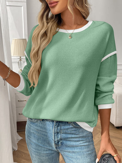 Green Contrast Trim Waffle Knit Long Sleeve Pullover Top