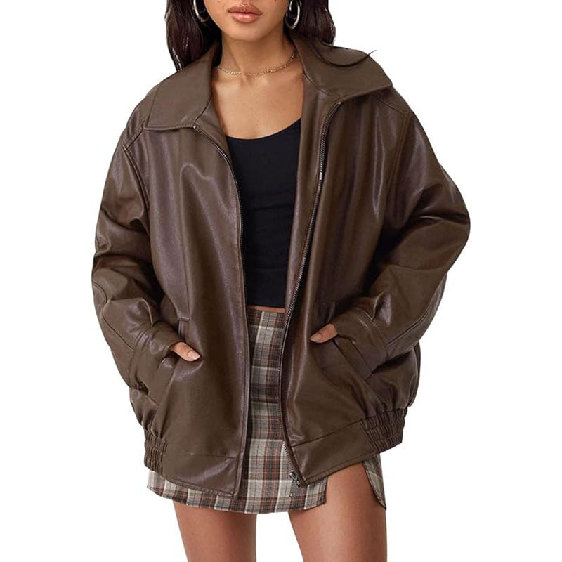 Women's Oversized Faux Leather Moto Jacket Zip Up