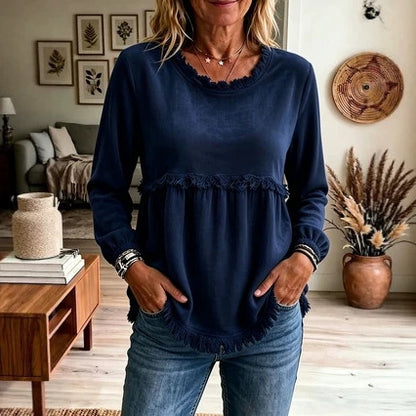 Women's Velvet Fringe Trim Long Sleeve Casual Top