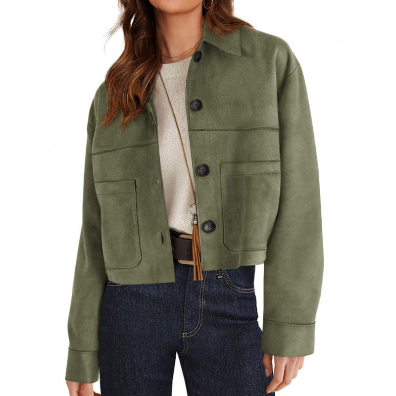 Women's Faux Suede Cropped Jacket Button Front