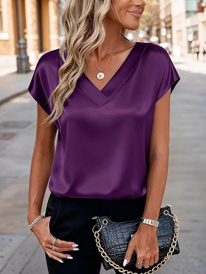 Satin V-Neck Pullover Top Casual Office & Daily Wear