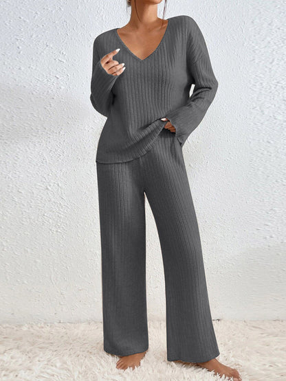 Women's Ribbed Knit Wide Leg Pants Two Piece Lounge Set