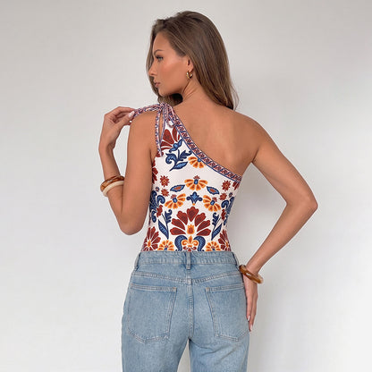 Boho Floral One Shoulder Bodysuit Tie Strap Top