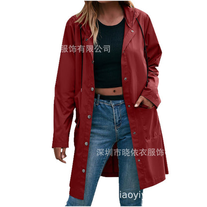 Women's Long Hooded Waterproof Trench Jacket