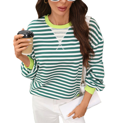 Women's Oversized Striped Contrast Crewneck Sweatshirt