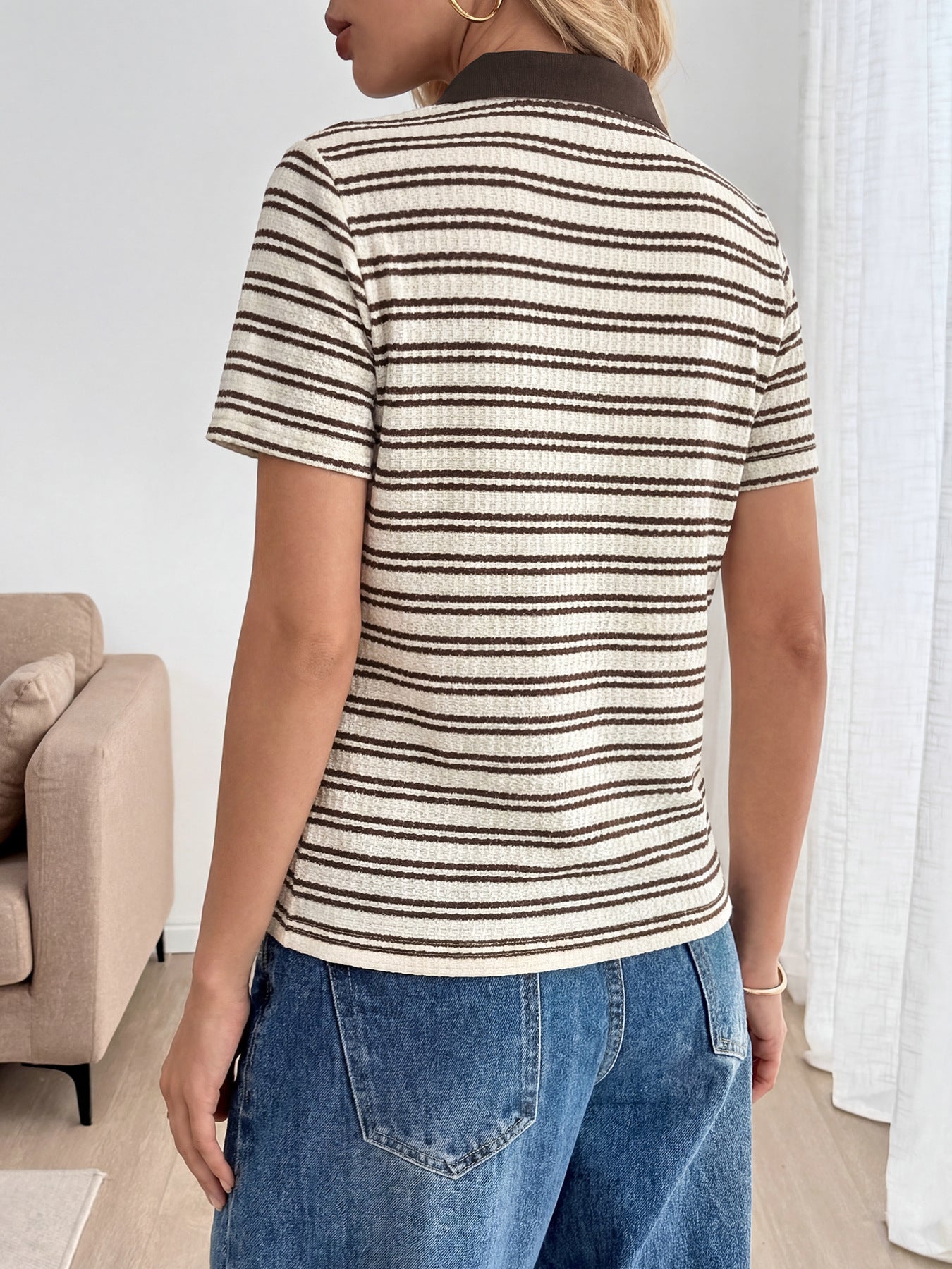 Waffle Knit Striped Polo V-Neck Short Sleeve Casual Top