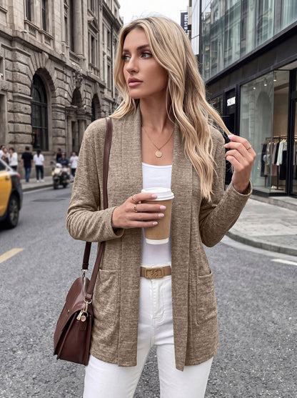 Pocket Open Front Cardigan Long Sleeve Knit Top