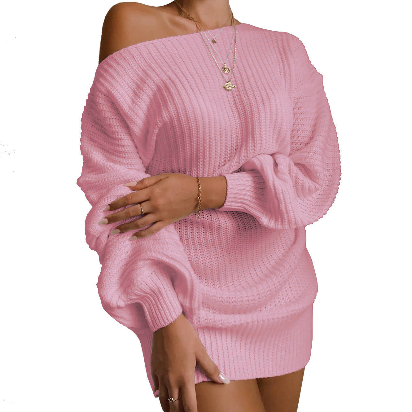 Off Shoulder Balloon Sleeve Ribbed Sweater Dress