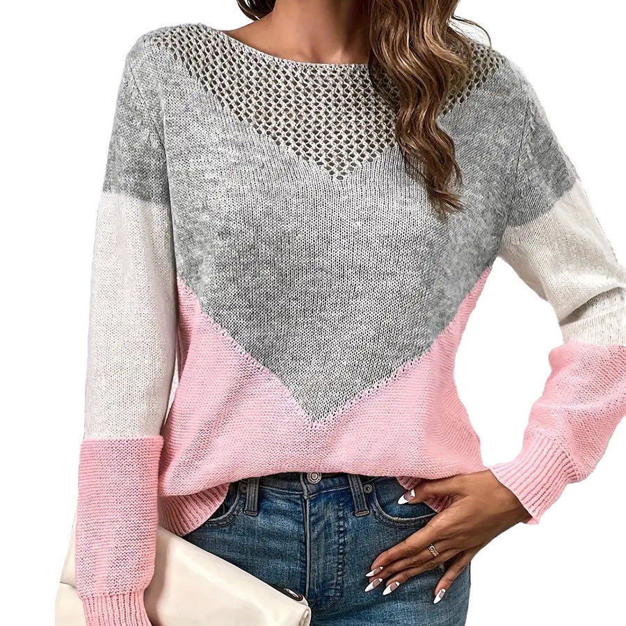 Women's Color Block Crochet Crew Neck Sweater