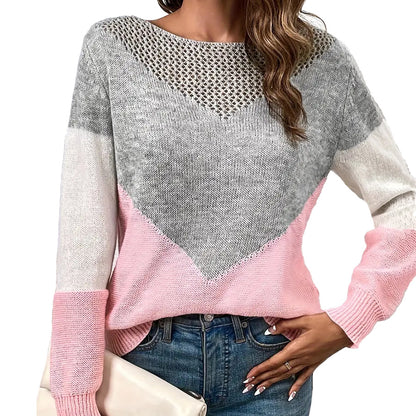 Women's Color Block Crochet Crew Neck Sweater