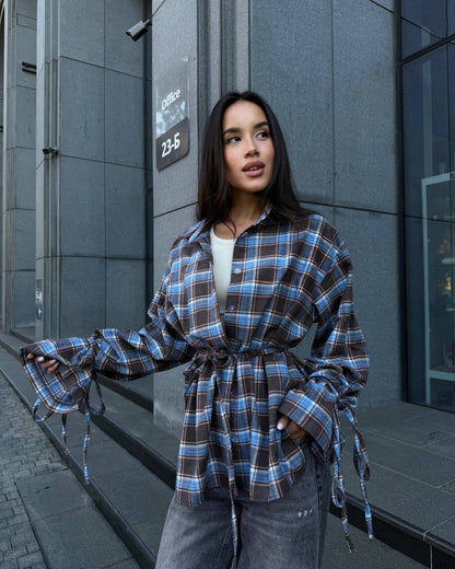 Oversized Plaid Tie Waist Long Sleeve Shirt Women
