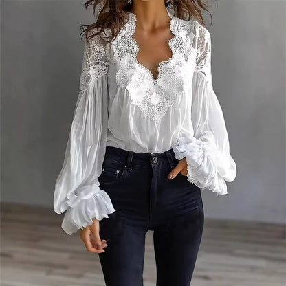 Women's Lace V Neck Puff Sleeve Pleated Blouse