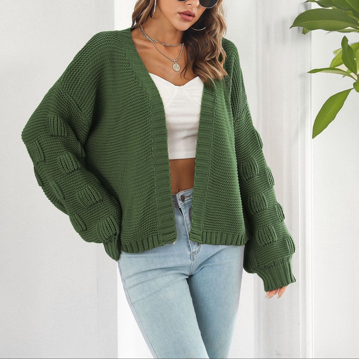 Oversized Chunky Knit Cardigan Open Front Lantern Sleeve