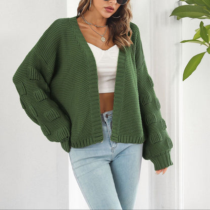 Oversized Chunky Knit Cardigan Open Front Lantern Sleeve