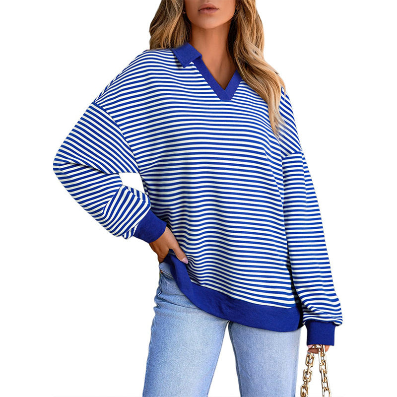 Women's Striped V-Neck Collared Long Sleeve Sweatshirt