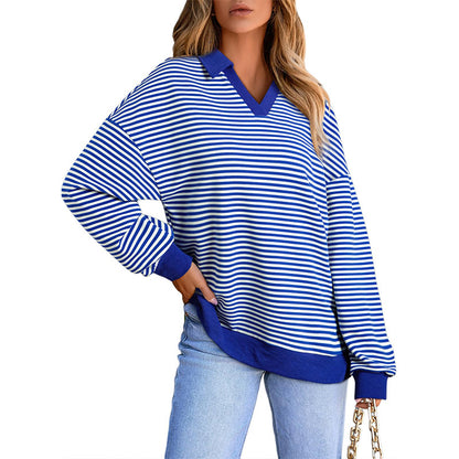 Women's Striped V-Neck Collared Long Sleeve Sweatshirt