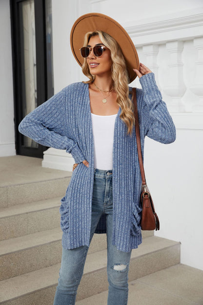 Simple Pocketed Long Sleeve Cardigan Knit Top