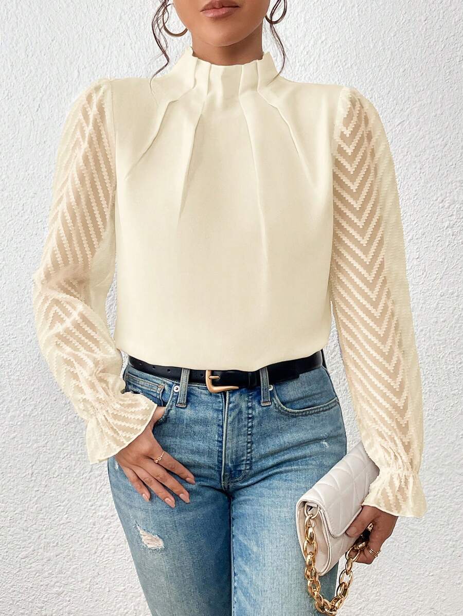Mock Neck Chiffon Blouse Lace Sleeve Elegant Work Top