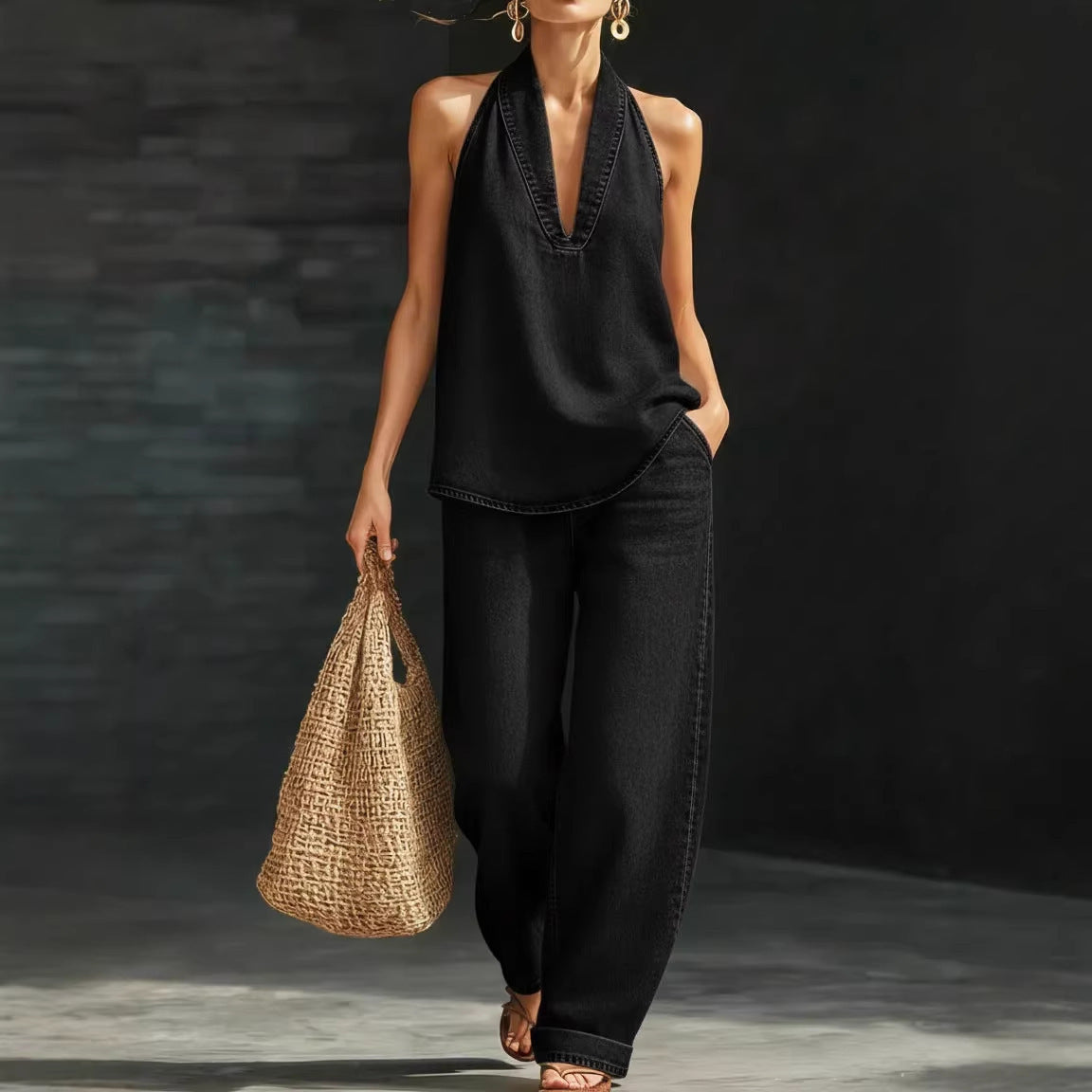 Women's Denim Halter Wide Leg Jeans Matching Set