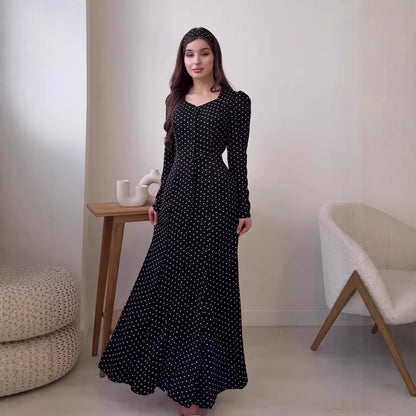 Long Sleeve Square Neck Polka Dot Button Front Maxi Dress