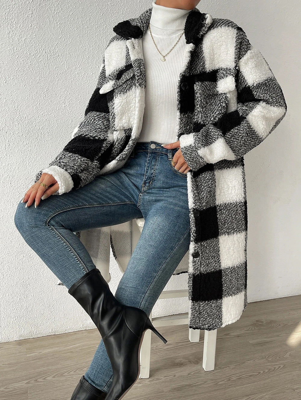 Women's Plaid Sherpa Fleece Long Coat Collared Jacket