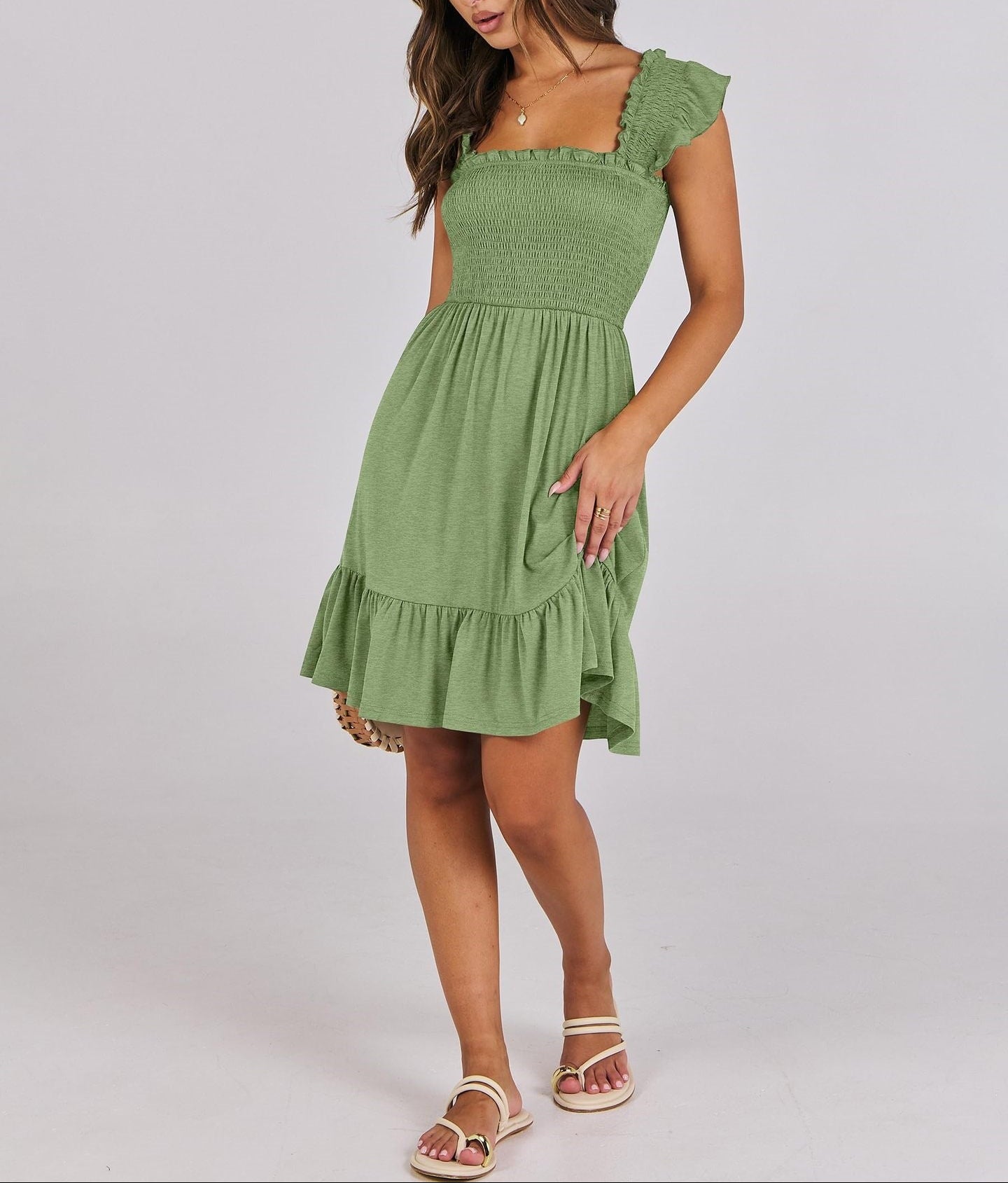 Smocked Square Neck Ruffle Sleeve Midi Dress