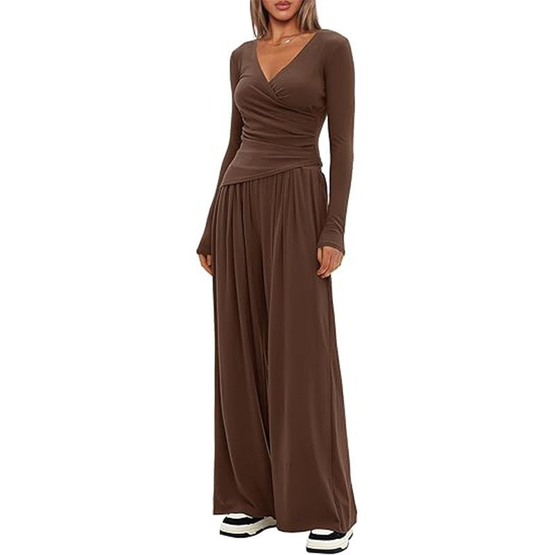 Women's 2 Piece V Neck Wide Leg Pants Lounge Set