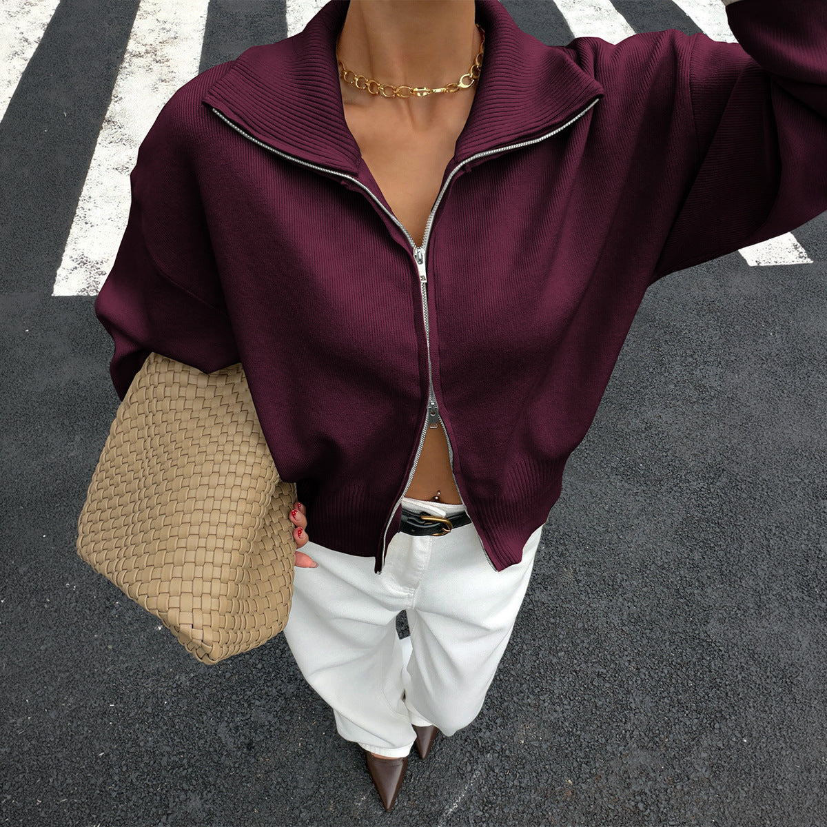 Women's Zip Up Knit Jacket Long Sleeve Casual Cardigan