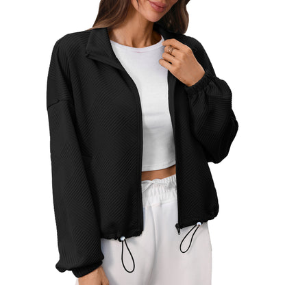 Quilted Zip Sweatshirt Drawstring Cropped Jacket