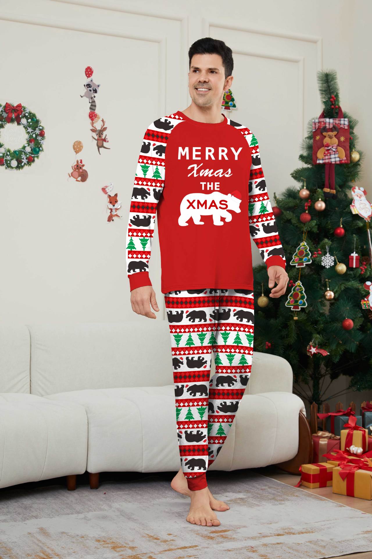 Christmas Tree Bear Letter Striped Parent-child Dress Printed Christmas Pajamas