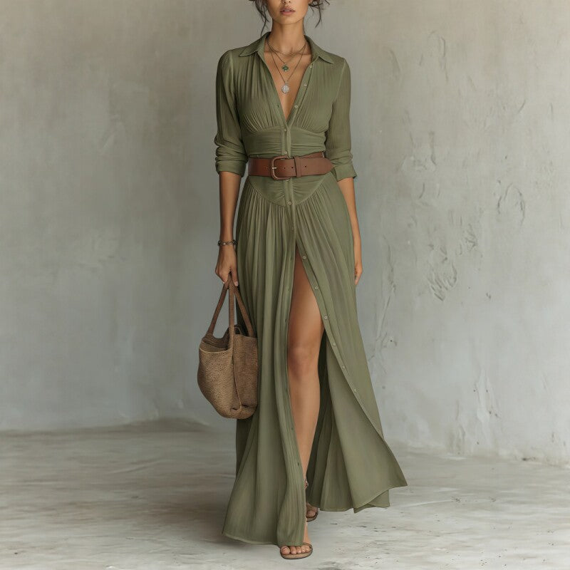 Belted Pleated Shirt Dress Front Slit Maxi Dress