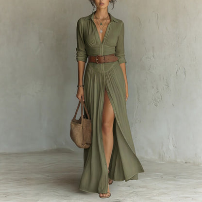 Belted Pleated Shirt Dress Front Slit Maxi Dress