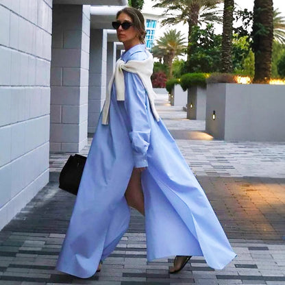 Cotton Maxi Shirt Dress Long Sleeve Collared Slit