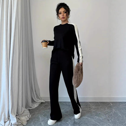 Color Block Raglan Top Wide Leg Pants Lounge Set