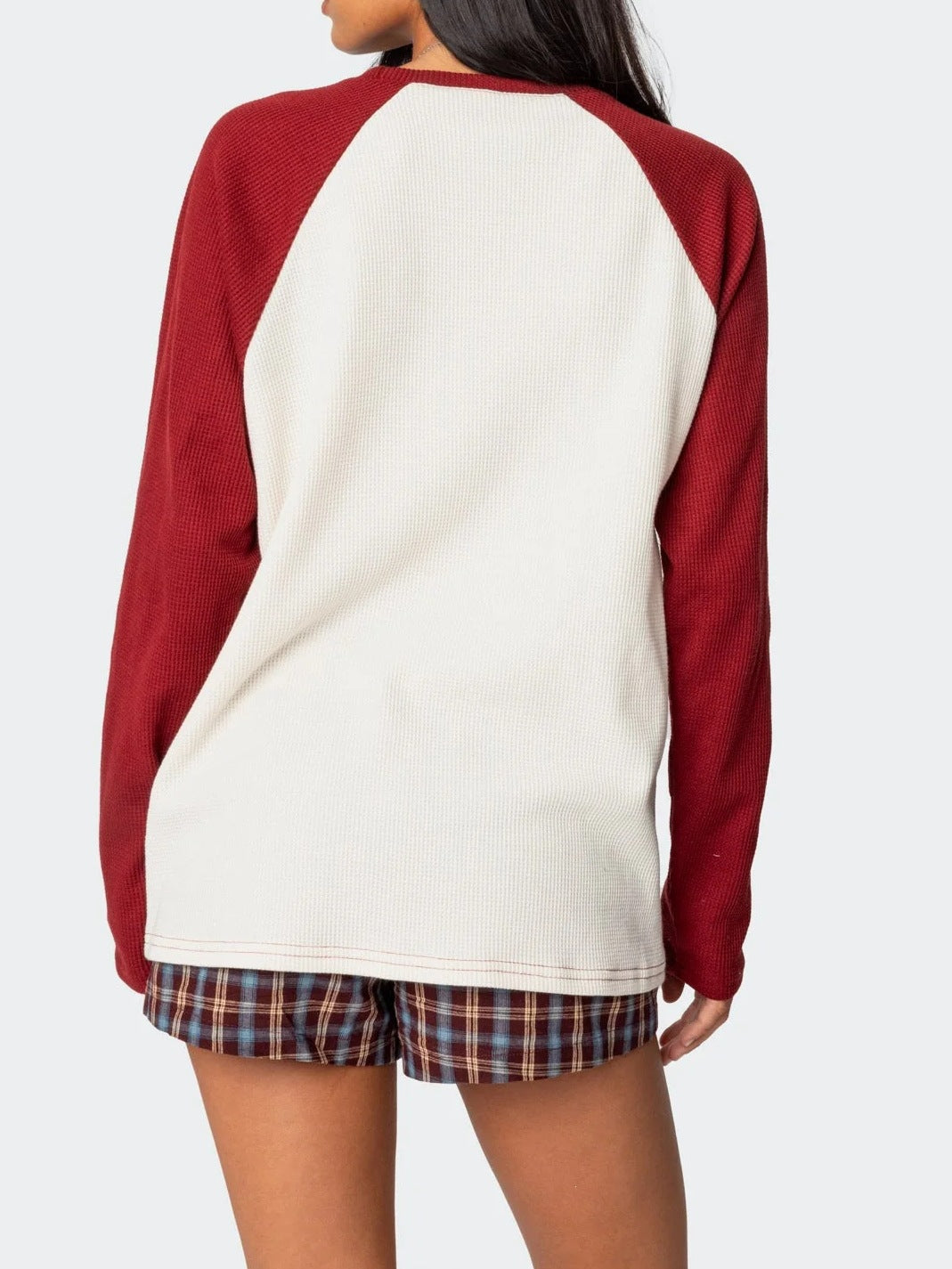 Color Block Waffle Knit Top Crew Neck Long Sleeve Tee