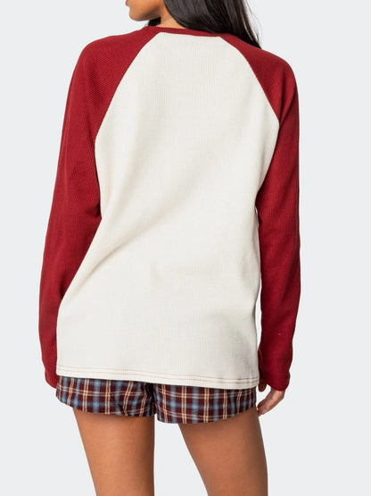 Color Block Waffle Knit Top Crew Neck Long Sleeve Tee