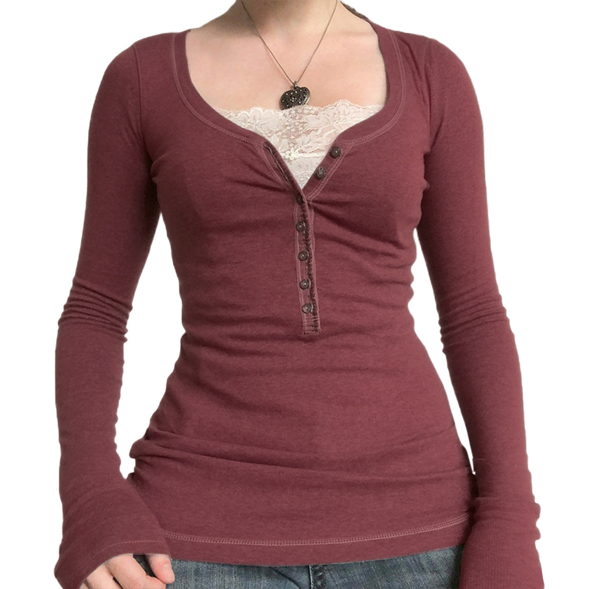 Women's Cotton Lace Trim Henley Long Sleeve Fitted Top
