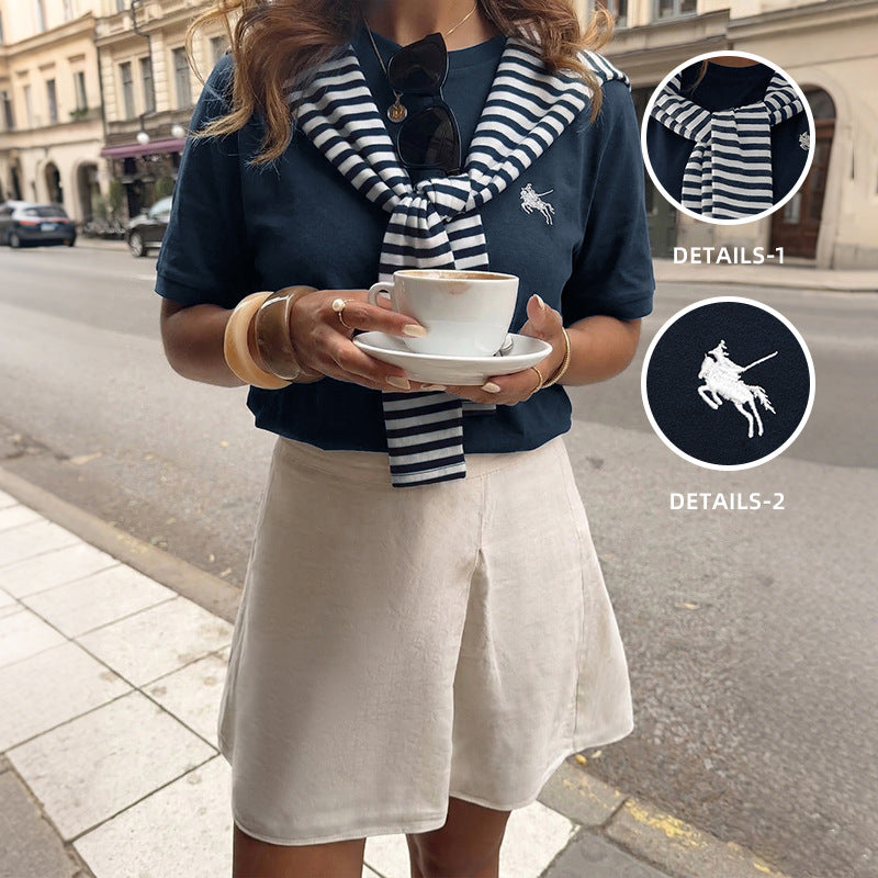 Navy Tee Striped Scarf Set Casual Short Sleeve Top