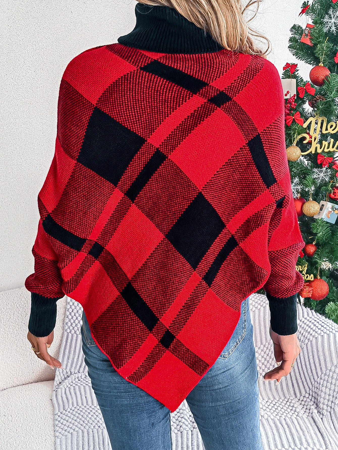 Women's Casual Plaid Turtleneck Long-sleeved Cape Sweater Christmas