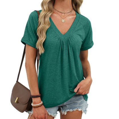 Women's V Neck Pleated Loose Short Sleeve Tunic Tee