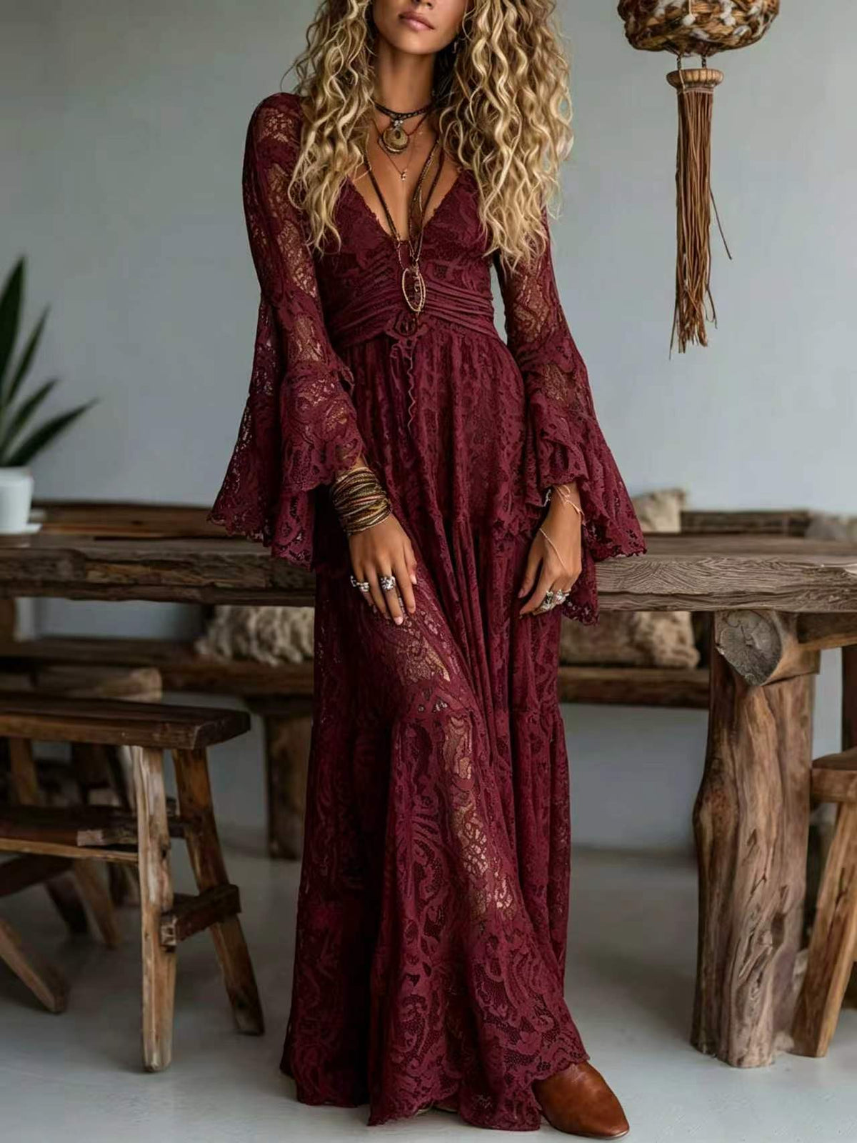 Boho Lace Bell Sleeve Maxi Dress Deep V-Neck