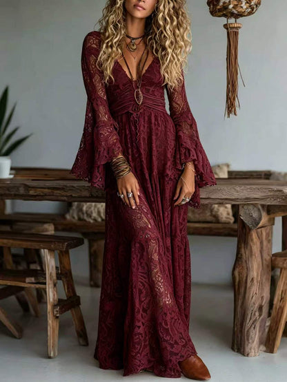 Boho Lace Bell Sleeve Maxi Dress Deep V-Neck