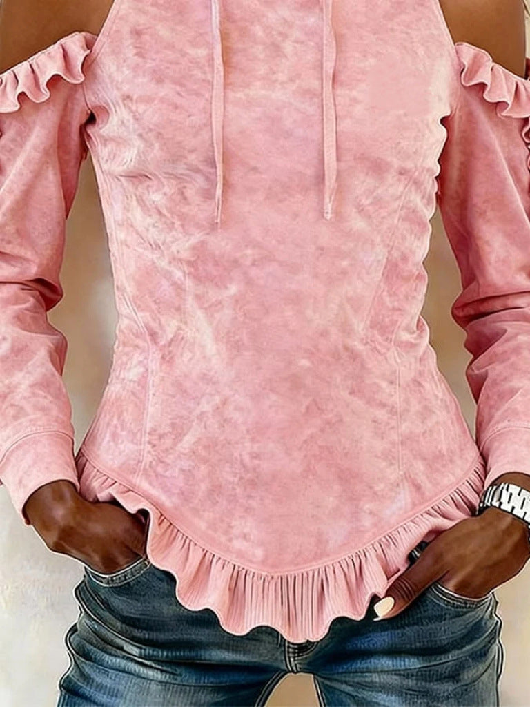 Women's Cold Shoulder Ruffle Long Sleeve Drawstring Hoodie