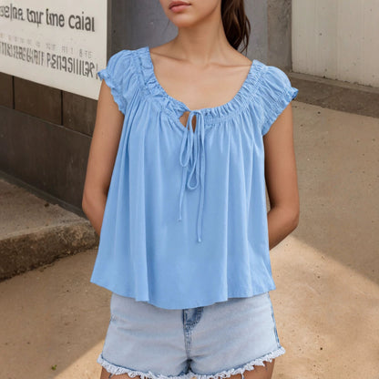 Ruffled Tie Front Tank Top Sleeveless Casual Cute Blouse