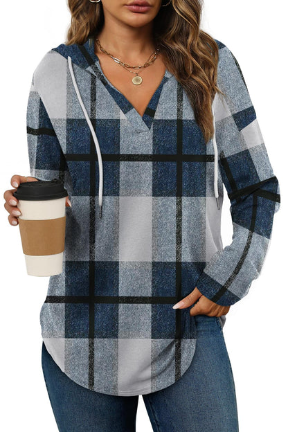 Women's Plaid Fleece V-Neck Hoodie Pullover
