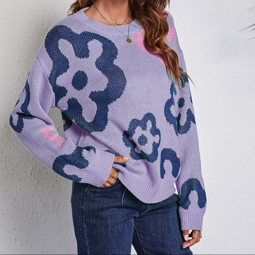 Oversized Floral Colorblock Knit Sweater Crewneck Pullover