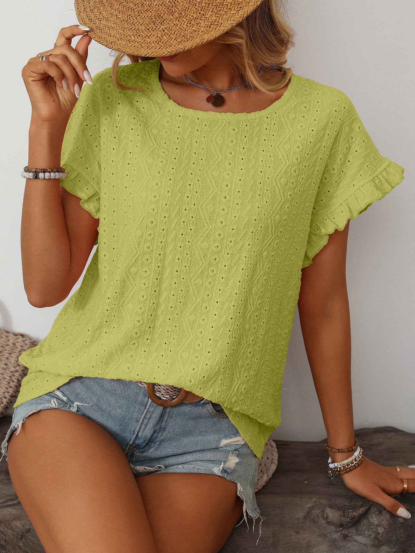 Women’s Eyelet Knit Crewneck Ruffle Sleeve Summer Top