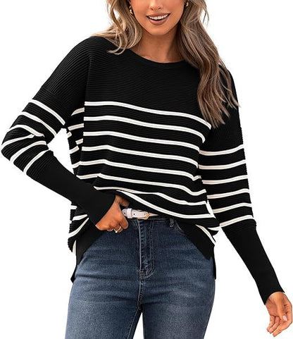 Women's Striped Crew Neck Pullover Knit Sweater